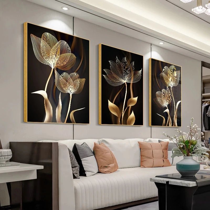Conjunto 3 Quadros Decorativos Abstratos 40x60cm – Flor Dourada em Preto Elegante para Sala e Quarto