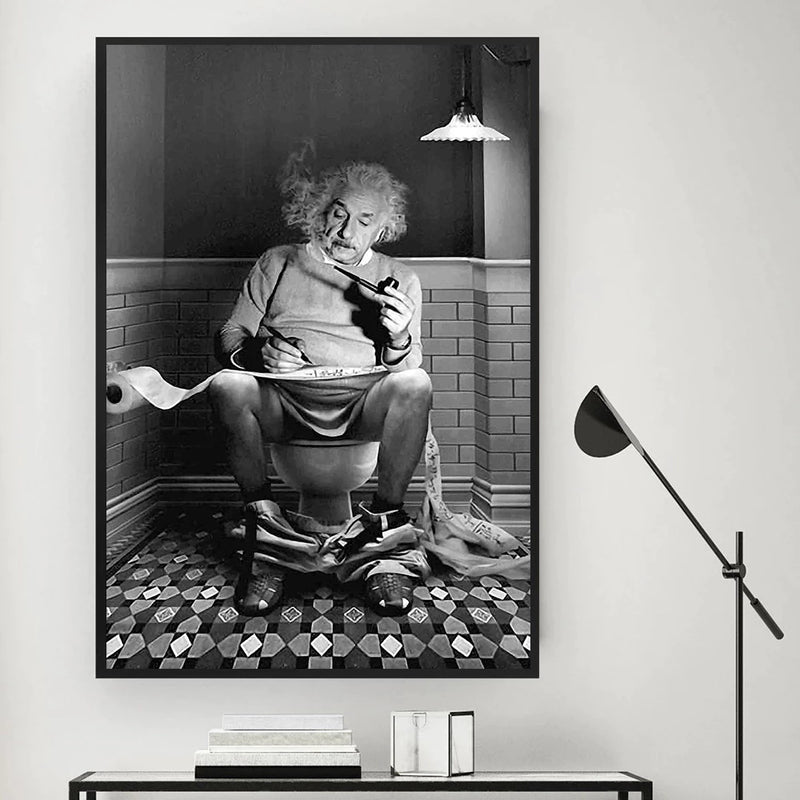 Quadro Decorativo Einstein no Banheiro – 1 Peça 40x60cm em Preto e Branco | Estilo Moderno e Divertido para Sala, Quarto ou Lavabo