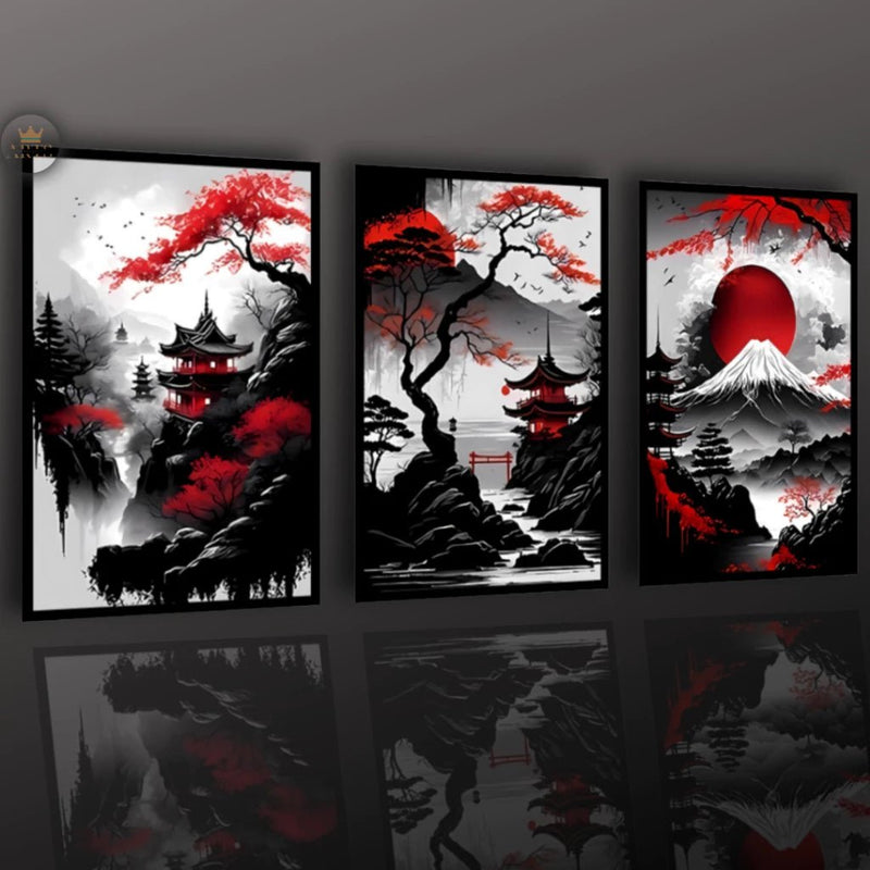 Kit 3 Quadros Decorativos Arte Oriental Moderna – Estilo Japonês para Sala ou Quarto