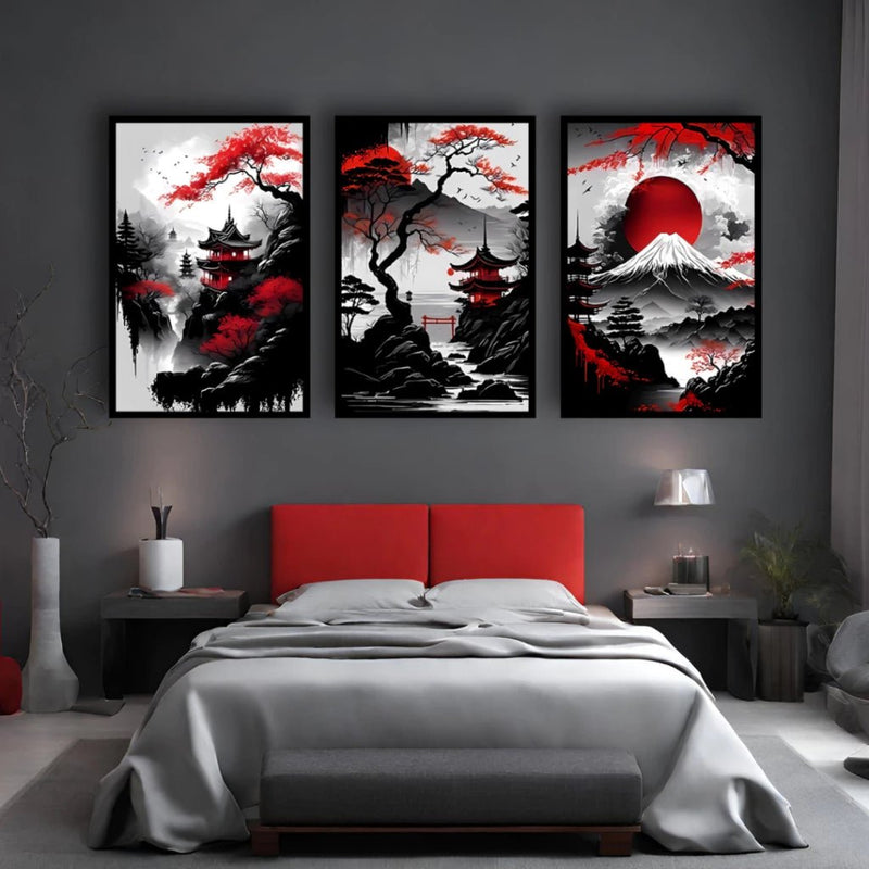 Kit 3 Quadros Decorativos Arte Oriental Moderna – Estilo Japonês para Sala ou Quarto