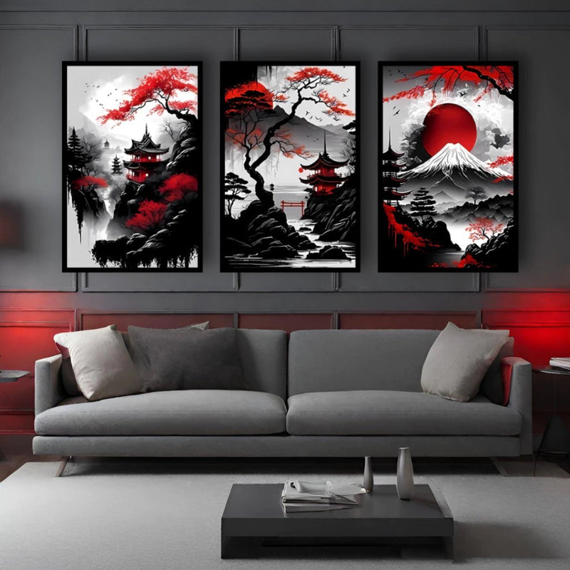 Kit 3 Quadros Decorativos Arte Oriental Moderna – Estilo Japonês para Sala ou Quarto