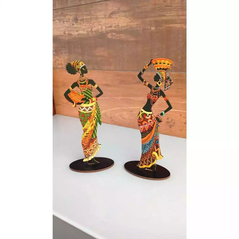Kit com 2 Enfeites Decorativos em MDF – Mulher Africana Negra para Mesa e Bancada