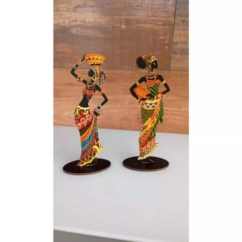 Kit com 2 Enfeites Decorativos em MDF – Mulher Africana Negra para Mesa e Bancada