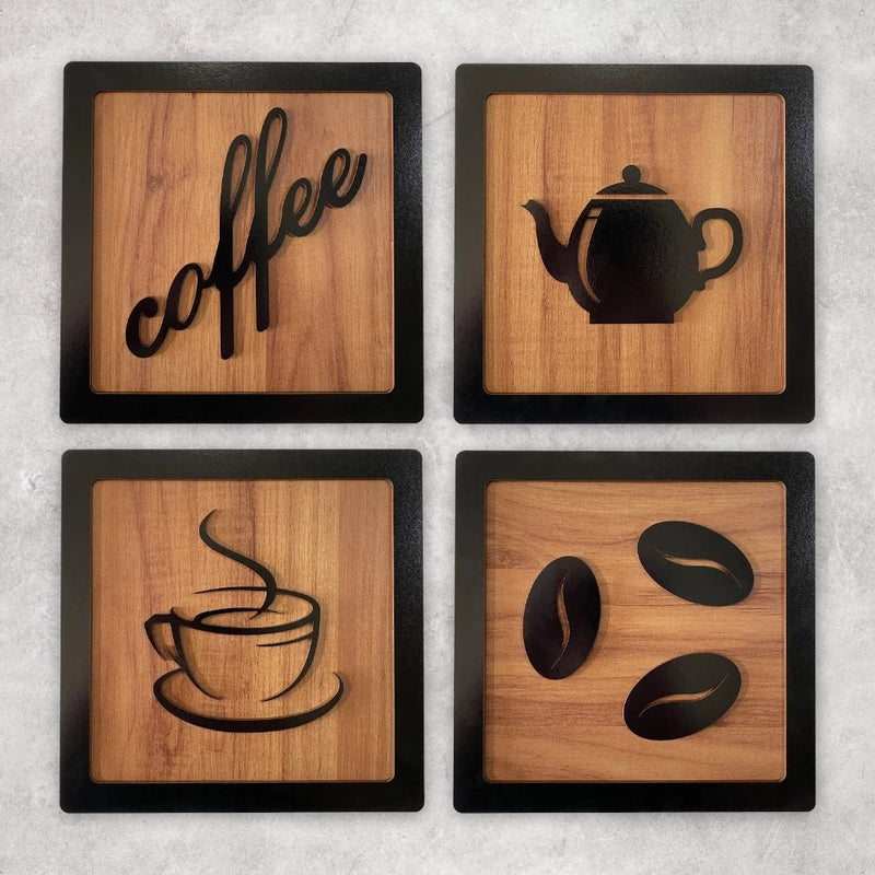 Kit 4 Quadros Cantinho do Café – MDF com Relevo 3D para Decoração de Cozinha