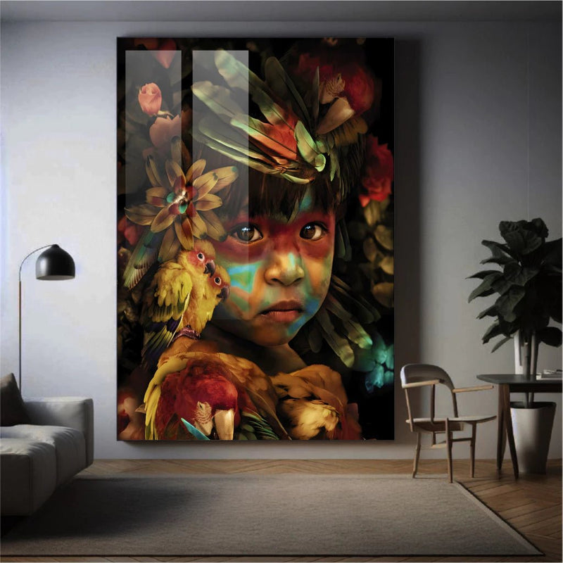 Quadro Decorativo Criança Indígena – Natureza e Beleza Irreal | Arte em MDF 60x80cm para Sala, Quarto e Hall