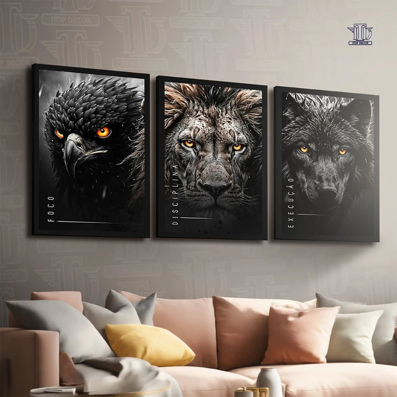 Kit 3 Quadros Decorativos Motivacionais – Leão, Foco e Disciplina em MDF 122x60cm