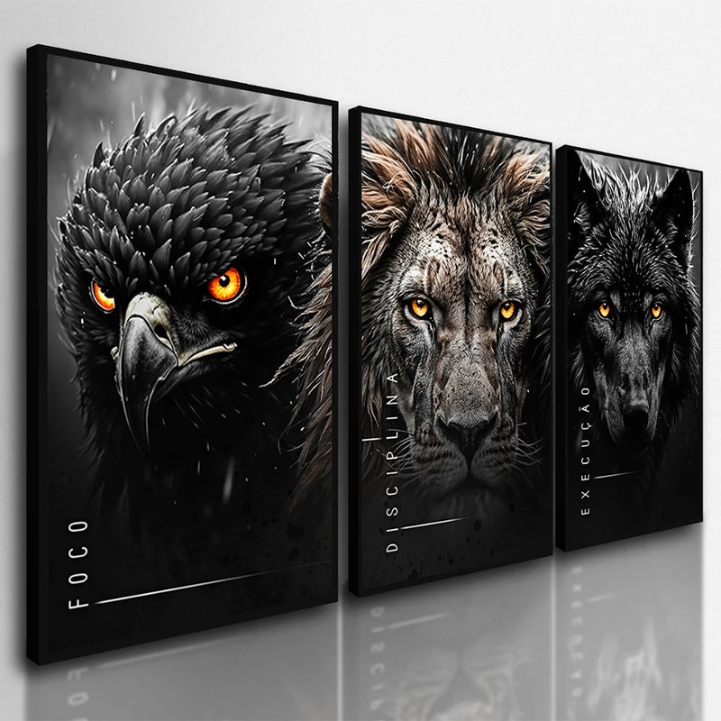 Kit 3 Quadros Decorativos Motivacionais – Leão, Foco e Disciplina em MDF 122x60cm