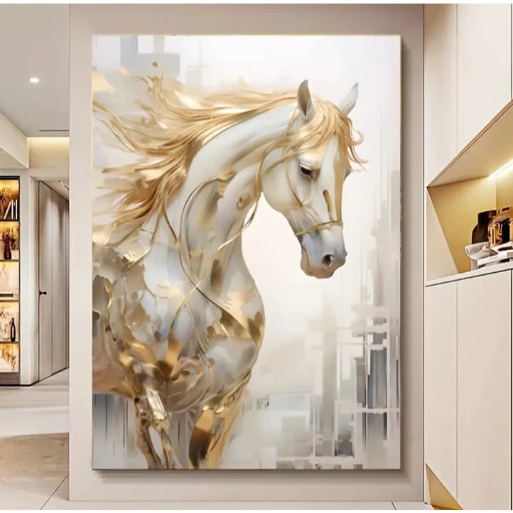 Quadro Decorativo Cavalo Branco Dourado Artístico – Grande 110x80cm | Decoração de Sala, Quarto e Escritório