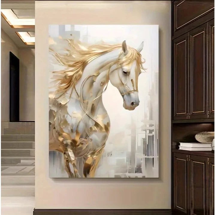 Quadro Decorativo Cavalo Branco Dourado Artístico – Grande 110x80cm | Decoração de Sala, Quarto e Escritório
