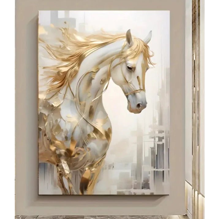 Quadro Decorativo Cavalo Branco Dourado Artístico – Grande 110x80cm | Decoração de Sala, Quarto e Escritório