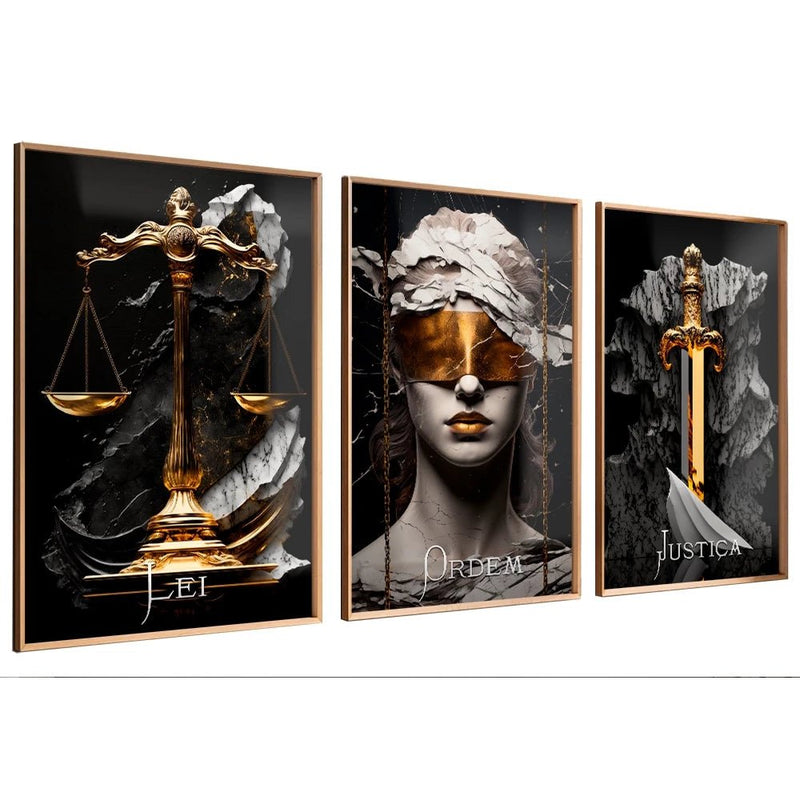 Kit 3 Quadros Decorativos Advocacia – Direito, Justiça e Ordem para Escritório ou Sala