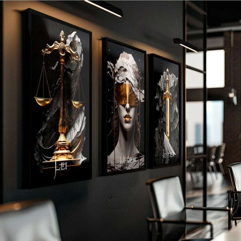 Kit 3 Quadros Decorativos Advocacia – Direito, Justiça e Ordem para Escritório ou Sala