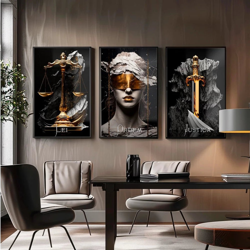 Kit 3 Quadros Decorativos Advocacia – Direito, Justiça e Ordem para Escritório ou Sala