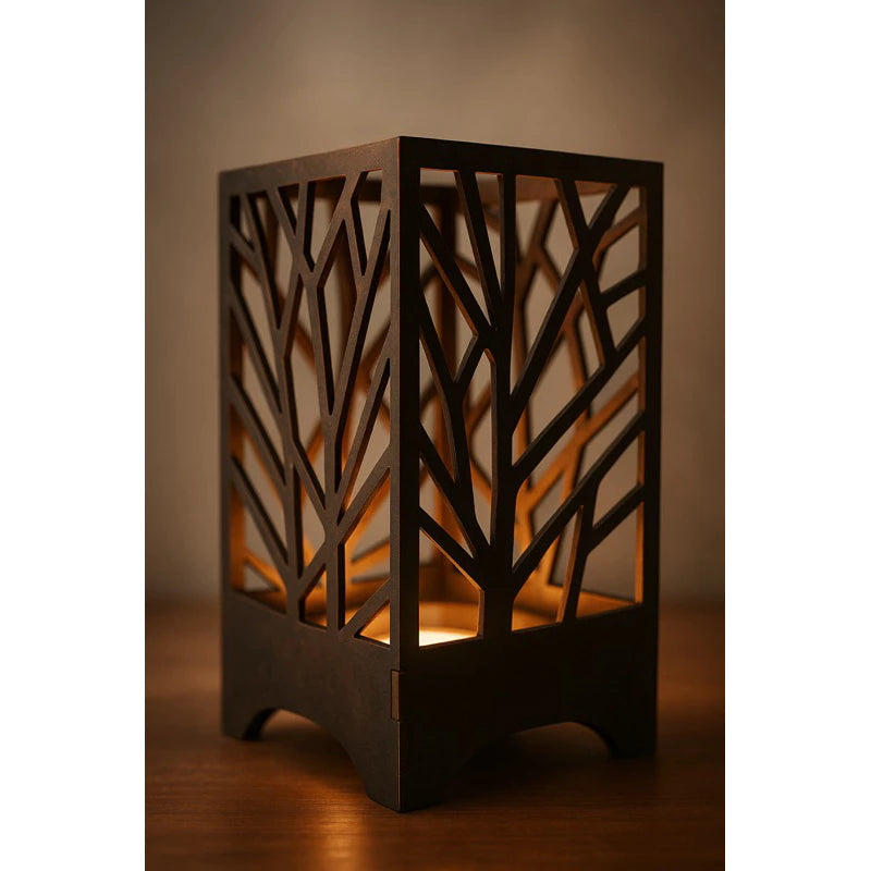 Abajur de Mesa Cubo Arabesco Preto – Luminária Decorativa em MDF com Recorte a Laser e Tomada Bivolt para Sala ou Quarto
