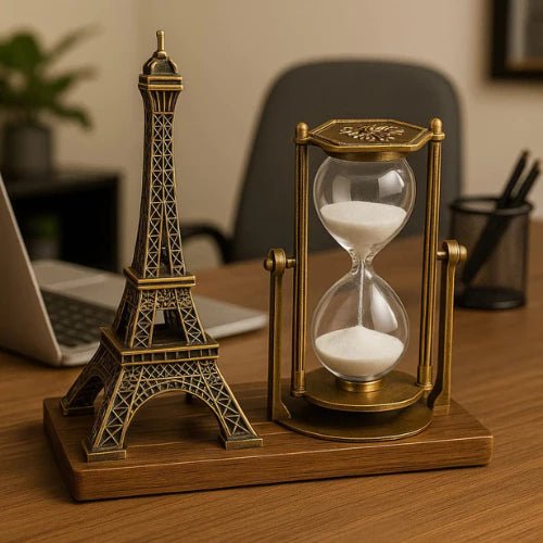 Torre Eiffel com Ampulheta Decorativa – Enfeite de Luxo para Escritório e Sala