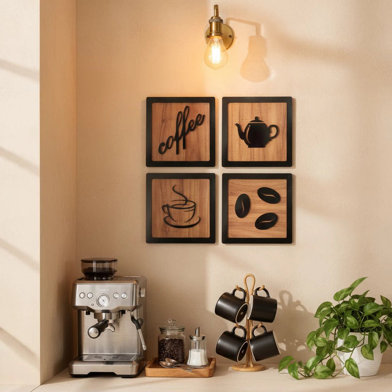 Kit 4 Quadros Cantinho do Café – MDF com Relevo 3D para Decoração de Cozinha