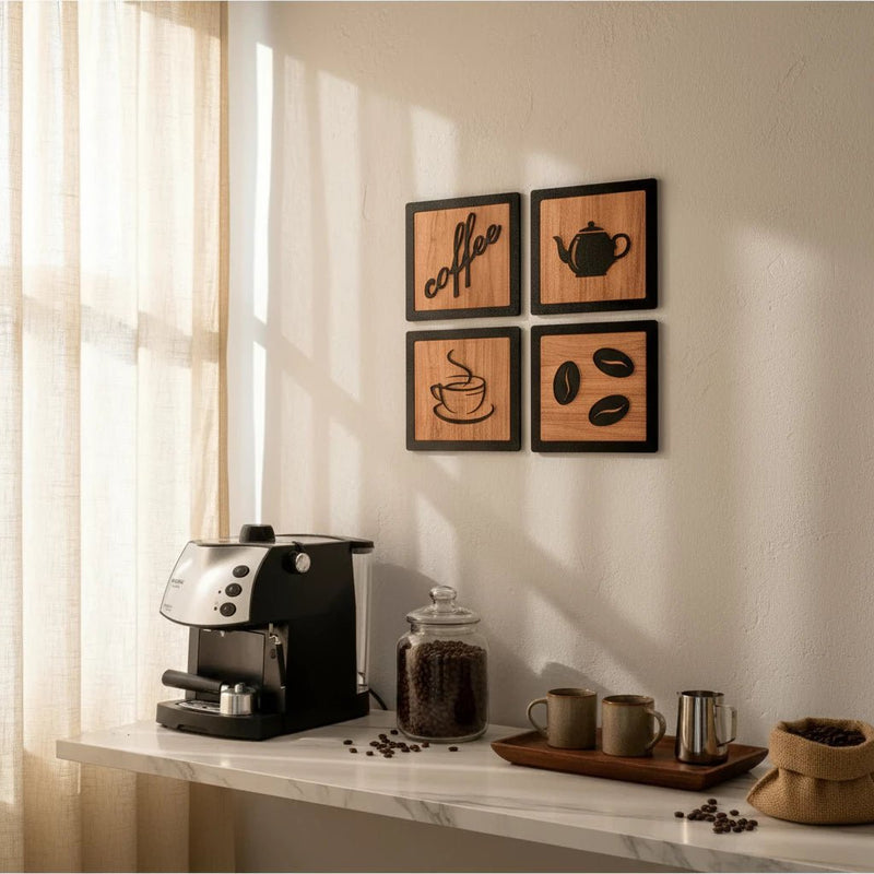 Kit 4 Quadros Cantinho do Café – MDF com Relevo 3D para Decoração de Cozinha